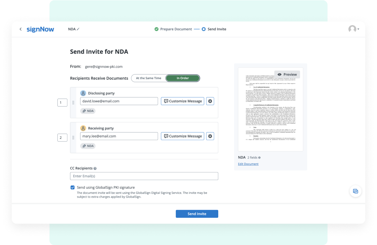 Send documents for signature using GlobalSign PKI signature