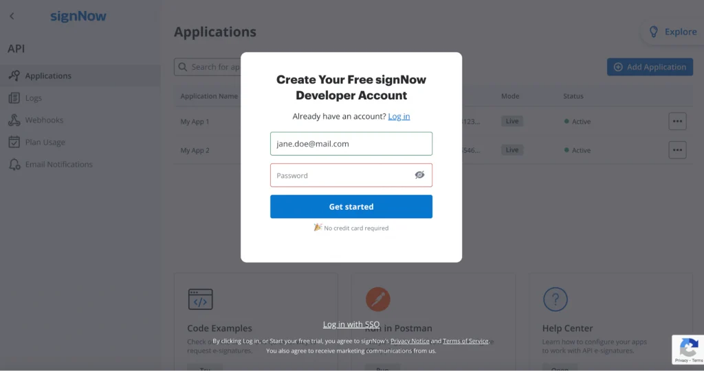 This image shows a "Create Your Free SignNow Developer Account" popup