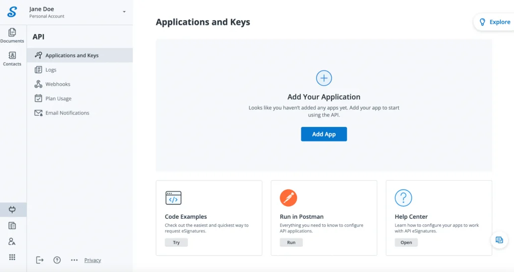 This image shows how to add your application in SignNow API Dashboard