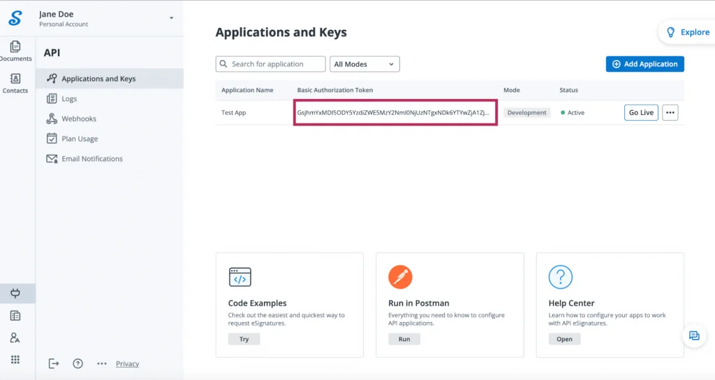 This image shows the Applications and Keys section of the SignNow API Dashboard