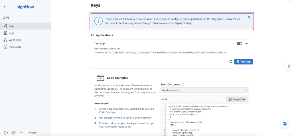 signNow API Dashboard - Keys