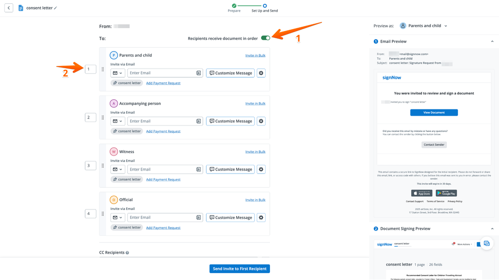 SignNow Set Up and Send screen showing four recipients arranged in a signing sequence, with Recipients receive document in order enabled and numbered positions from 1 to 4.