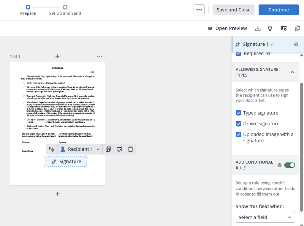 SignNow document preparation screen showing a signature field assigned to a recipient, with options for typed, drawn, or uploaded-image signatures and a conditional rule enabled for controlling when the field appears.