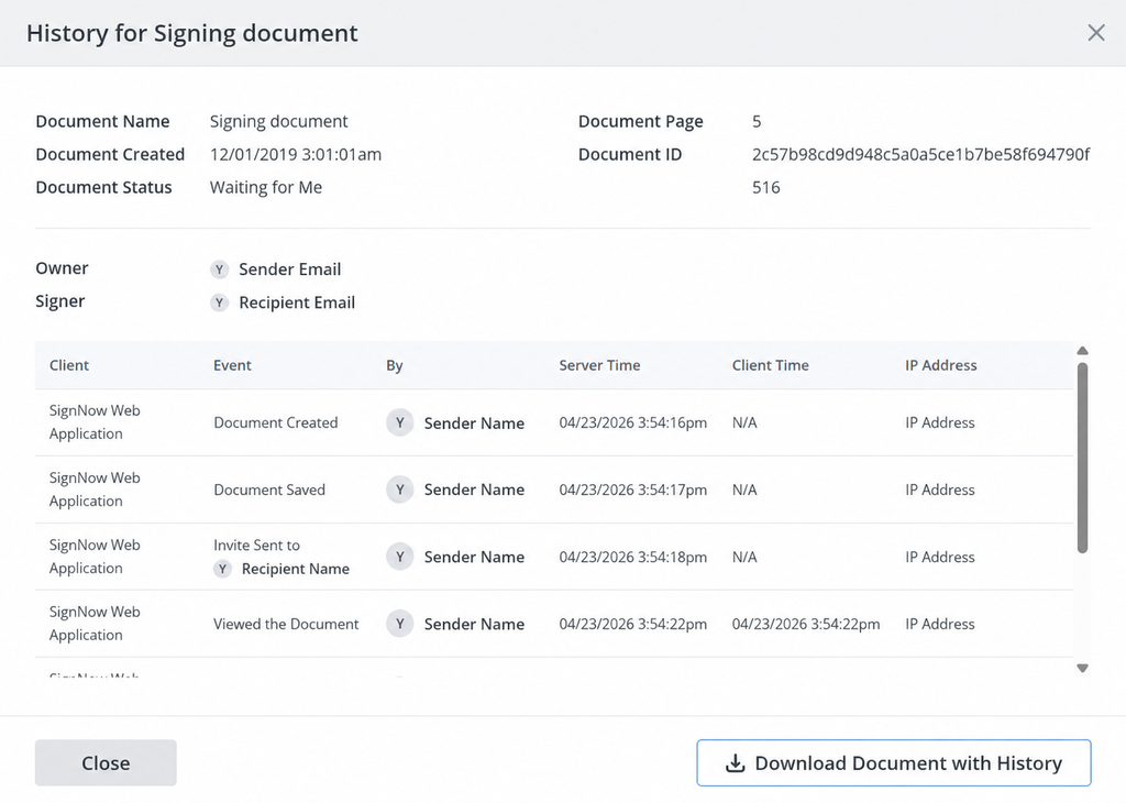 SignNow document history window showing document details and an audit trail of events such as document creation, saving, sending an invite, and viewing the document, with timestamps and IP address fields.