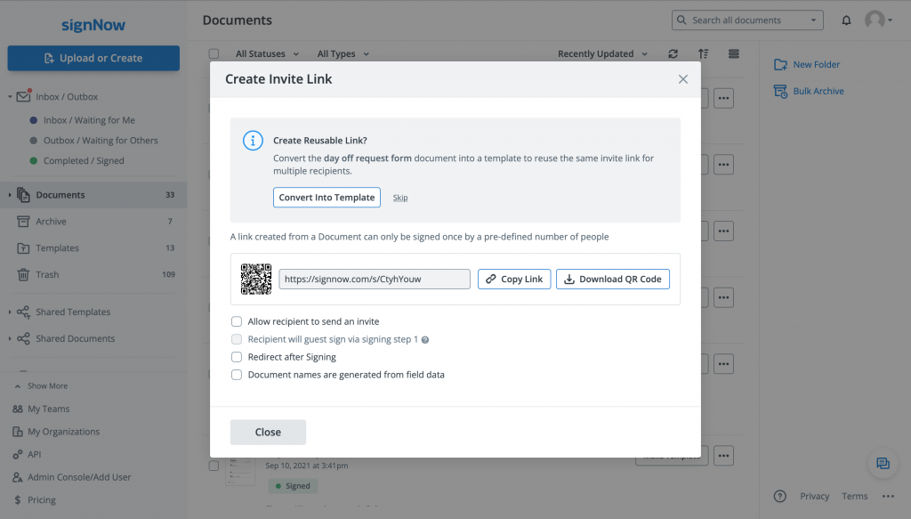 create signing link using signNow - copy and share URL