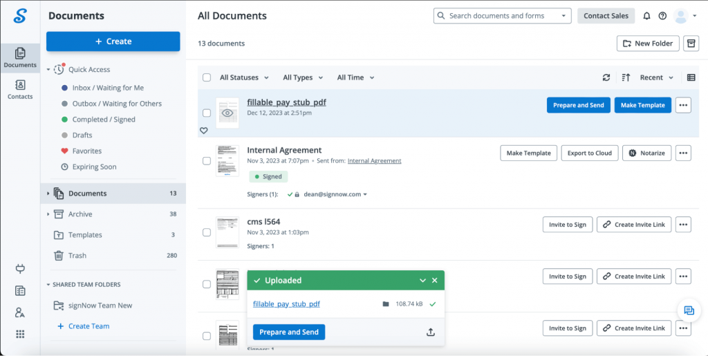 Upload documents in SignNow