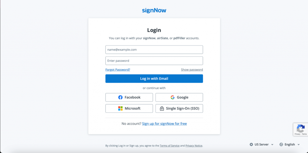 SignNow Login page 