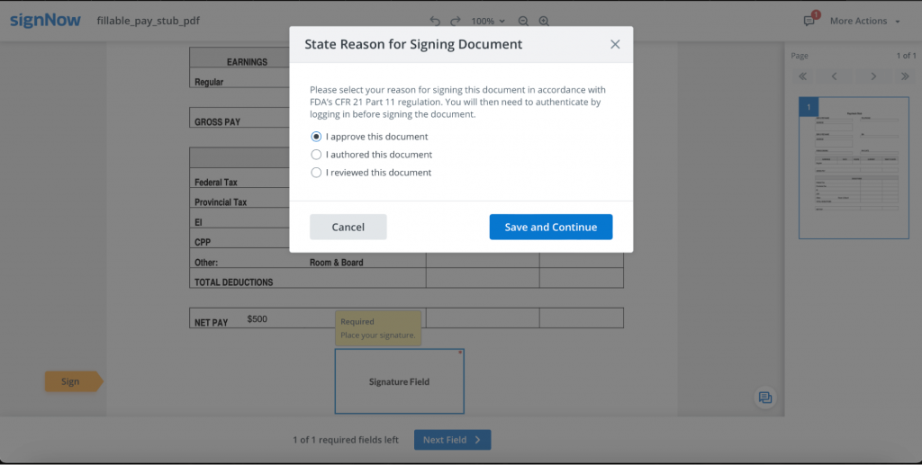 State reason for signing document in SignNow