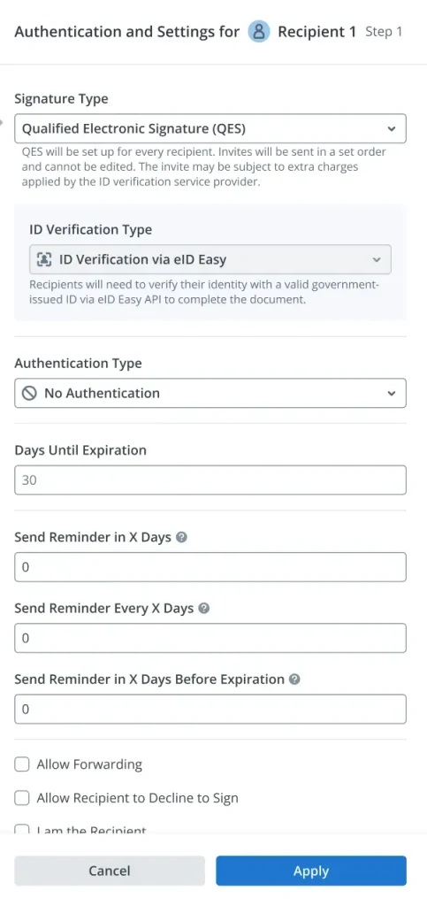 SignNow Authentication and Settings for recipients