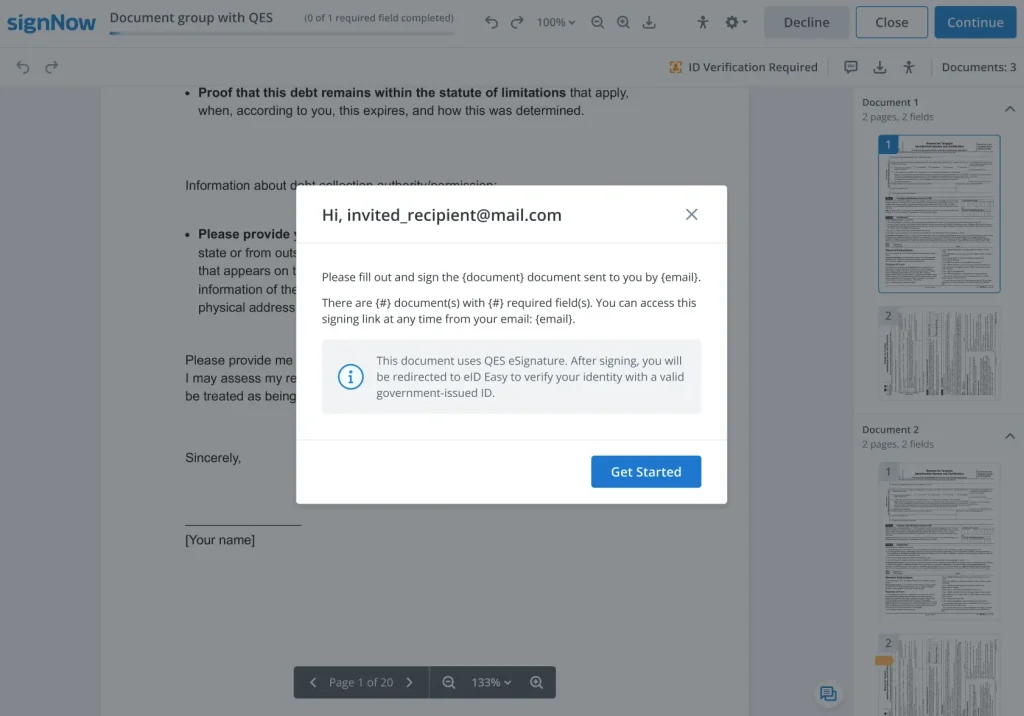 SignNow sends signer a prompt to verify their identity before signing a document 