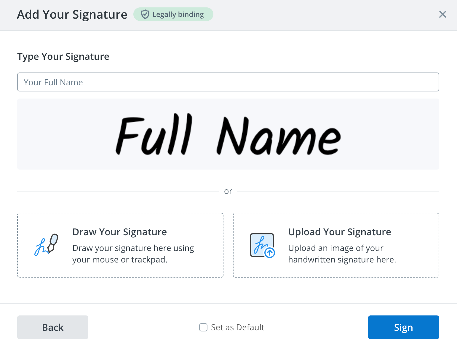 A screenshot of the SignNow interface, which shows three ways to create an electronic signature: typing your name, drawing your signature, or uploading an image of a handwritten signature.