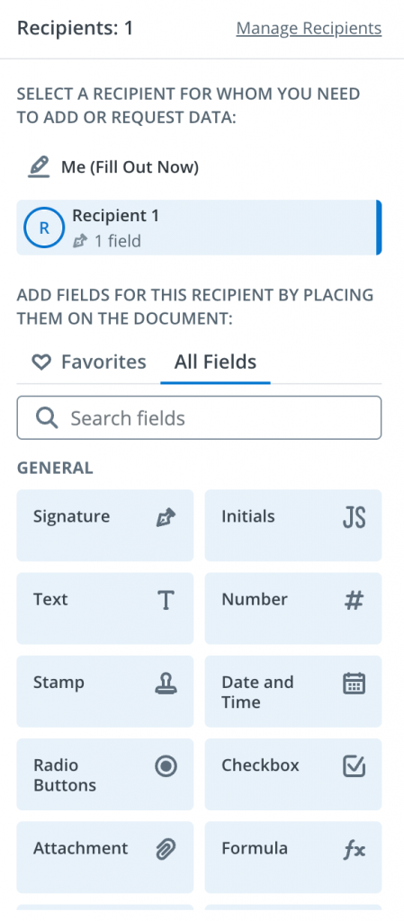 Screenshot of the SignNow sidebar showing recipient selection and draggable field options, including signature, initials, text, date, checkbox, and attachment fields.