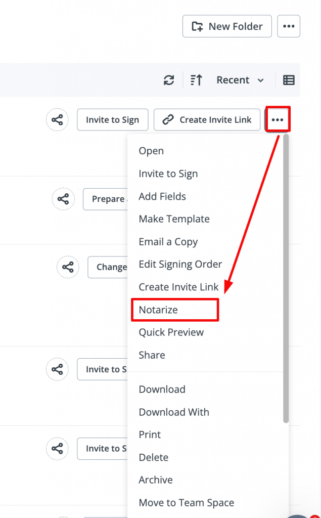 Screenshot from the SignNow dashboard showing the More options menu open for a file, with the Notarize option highlighted.