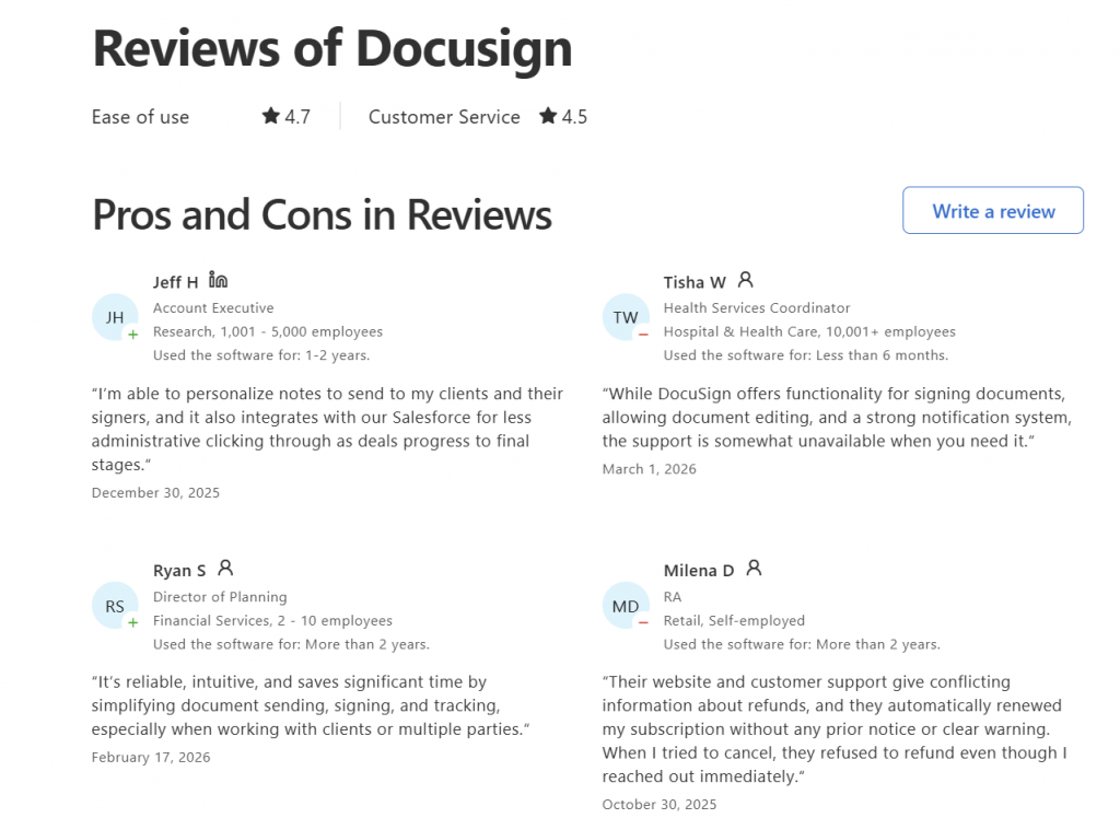 Docusign review page on G2 showing user rating, reviews summary, product details, and pricing information.