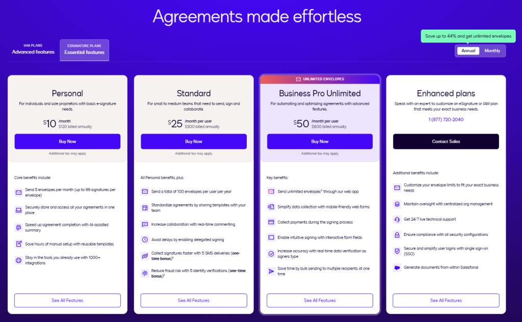 The pricing table for Docusign displaying plan tiers, features, and pricing options for individuals, teams, and enterprises if billed annually.
