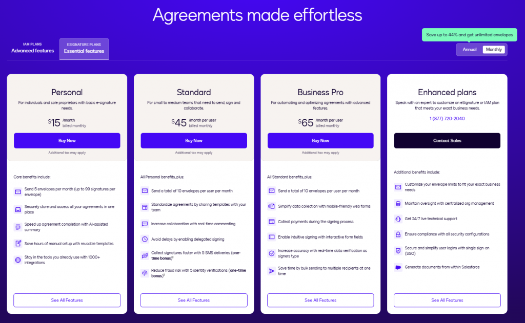 Docusign page showing monthly plans including Personal ($15), Standard ($45), Business Pro ($65), and enterprise options with features.