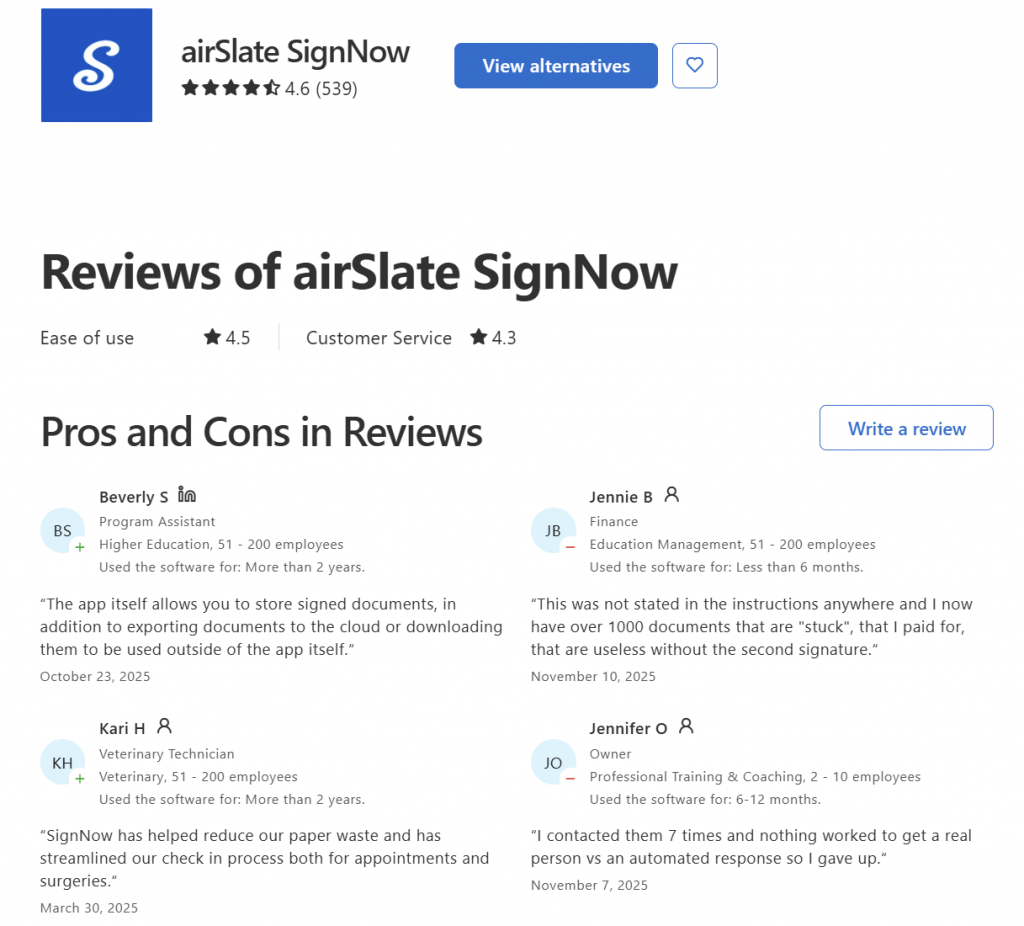 airSlate SignNow overview with product description, demo video, user rating of 4.6 stars, and customer reviews summary.