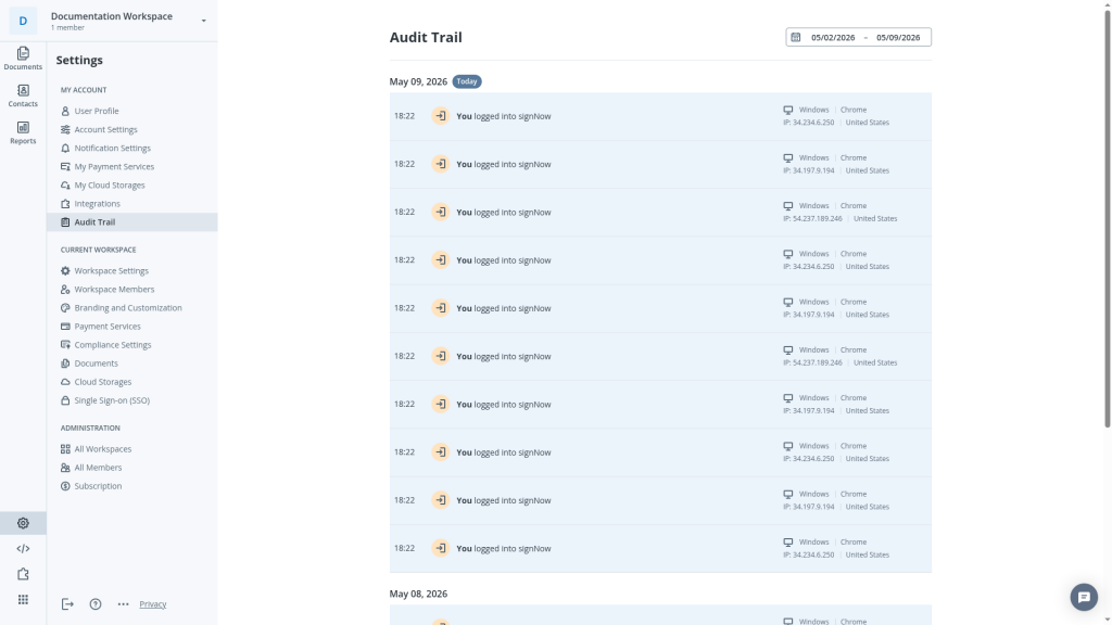 SignNow Audit Trail screen showing account login history, with timestamps, browser details, IP addresses, and location data.