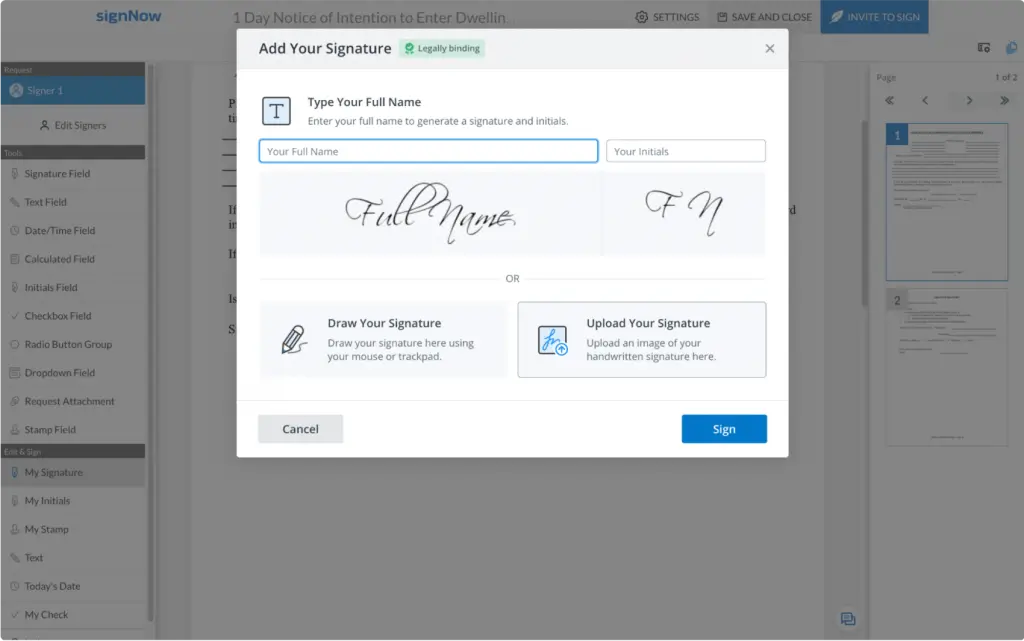 This image shows the process of creating and saving multiple signature options in a digital signature tool. Users can select their preferred signature from a pop-up menu and set it as the default option. After selecting the signature, they can use the Sign button to complete the signing process and save the document by clicking Save and Close.