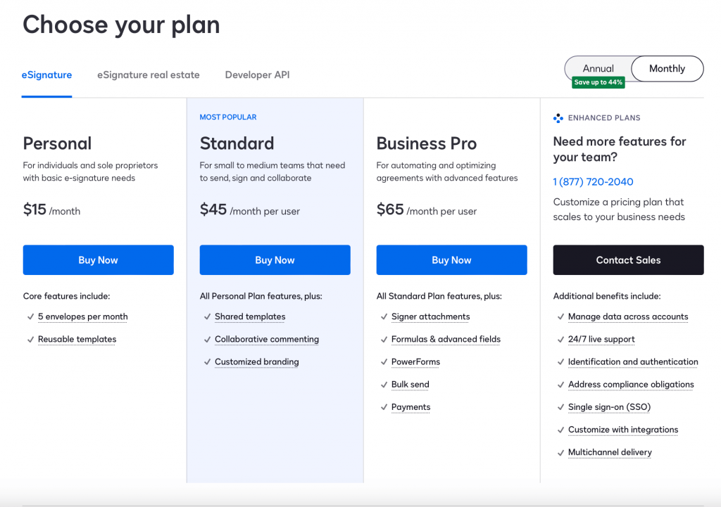 DocuSign pricing plans - billed monthly