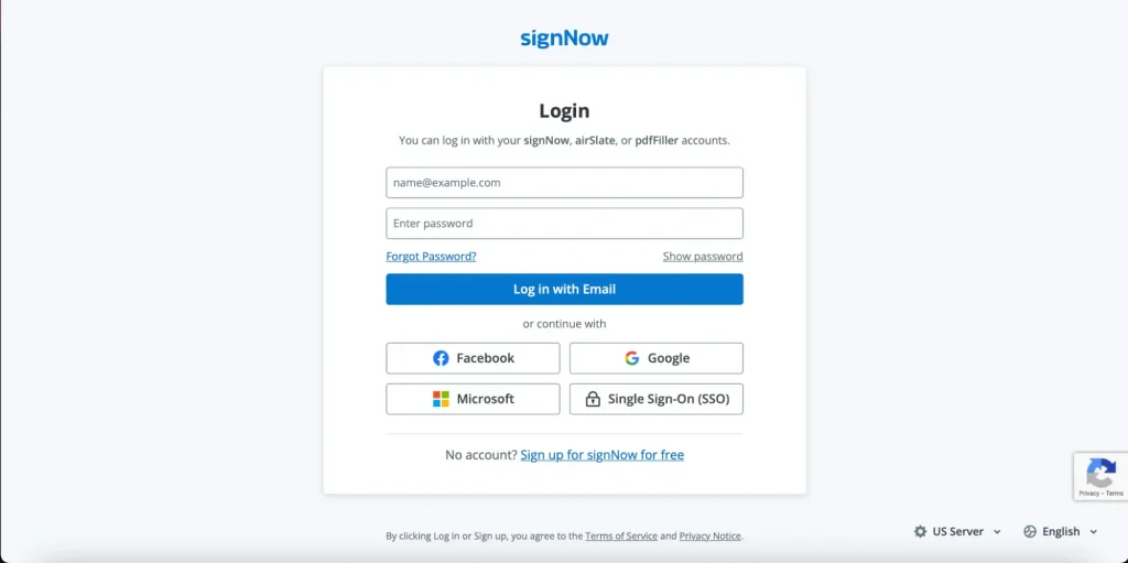 SignNow account creation or login: New users can sign up for a free account, while existing users can log in.