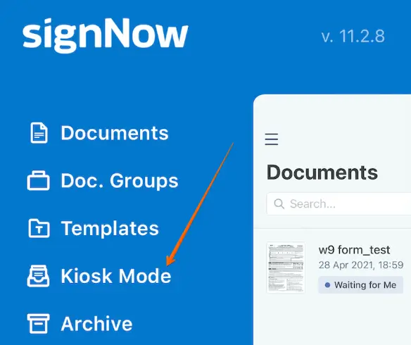 This image shows the process of selecting a document from the sidebar menu in SignNow to be filled out in kiosk mode. (Screenshot from SignNow support)