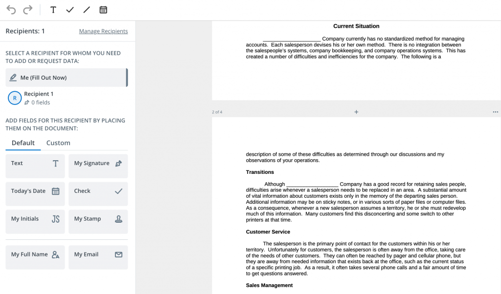A screenshot of a business proposal sample showcased in SignNow interface. The fragment displays the defining problem section of a business proposal.
