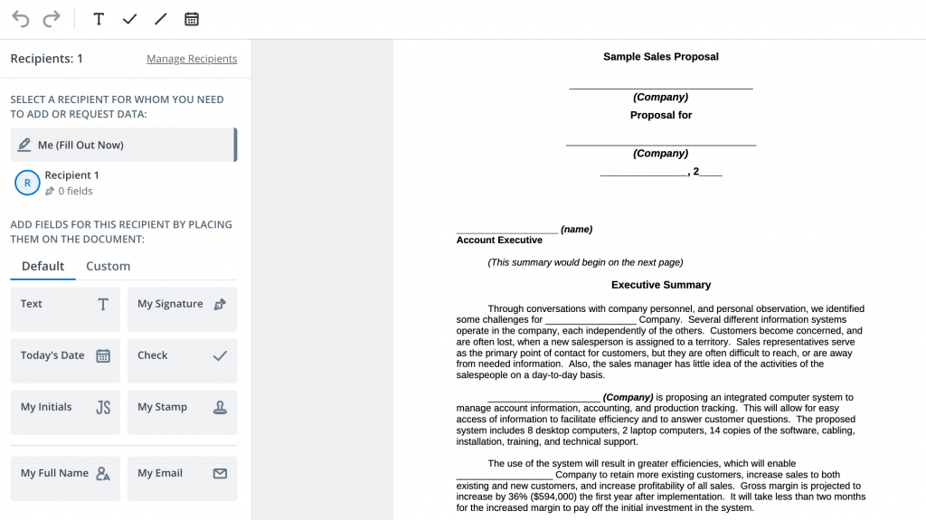 A screenshot of a business proposal sample displayed in SignNow interface. The image contains a fragment of the business proposal, with the document's title and executive summary sections. 