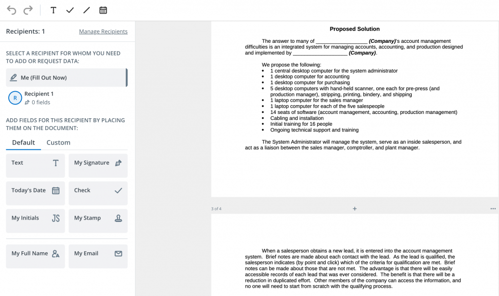 A screenshot of a business proposal sample showcased in SignNow interface. The fragment displays the business proposal section that presents the winning solution to the potential client.