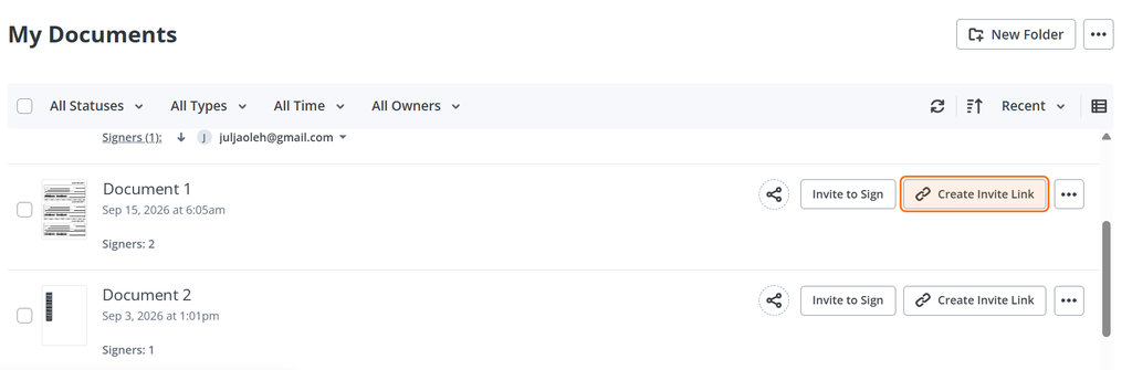 SignNow My Documents page showing document entries with Invite to Sign and Create Invite Link actions for sending documents to signers.