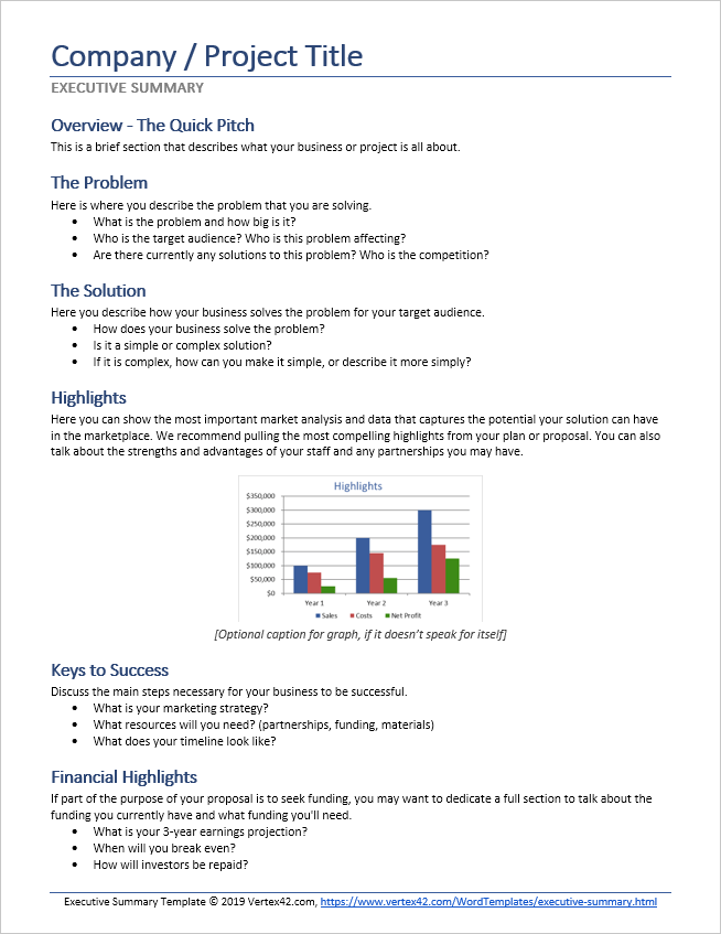 This image shows executive summary template in Word document format