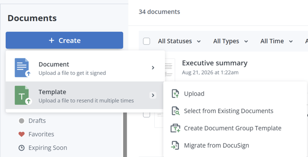 Alt text: SignNow Documents dashboard with the Create menu open, showing options to upload a document or create a reusable template from a file or existing document.