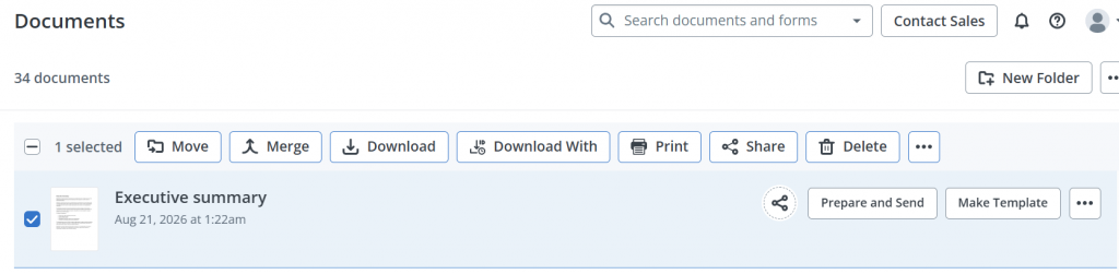 SignNow Documents dashboard with an Executive summary file selected and options to move, merge, download, print, share, prepare and send, or make a template.
