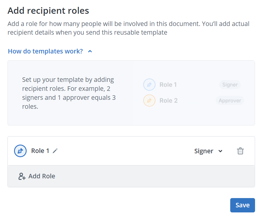 SignNow template setup screen for adding recipient roles, with a default signer role and options to add more roles or change role types.