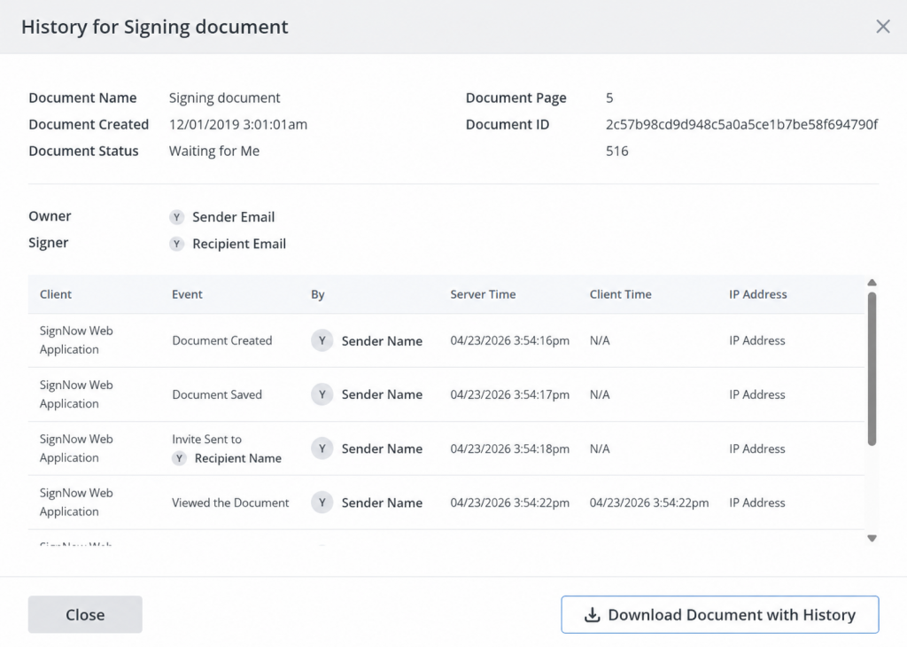 SignNow document history window showing document details, sender and recipient information, event timestamps, and an option to download the document with its history.