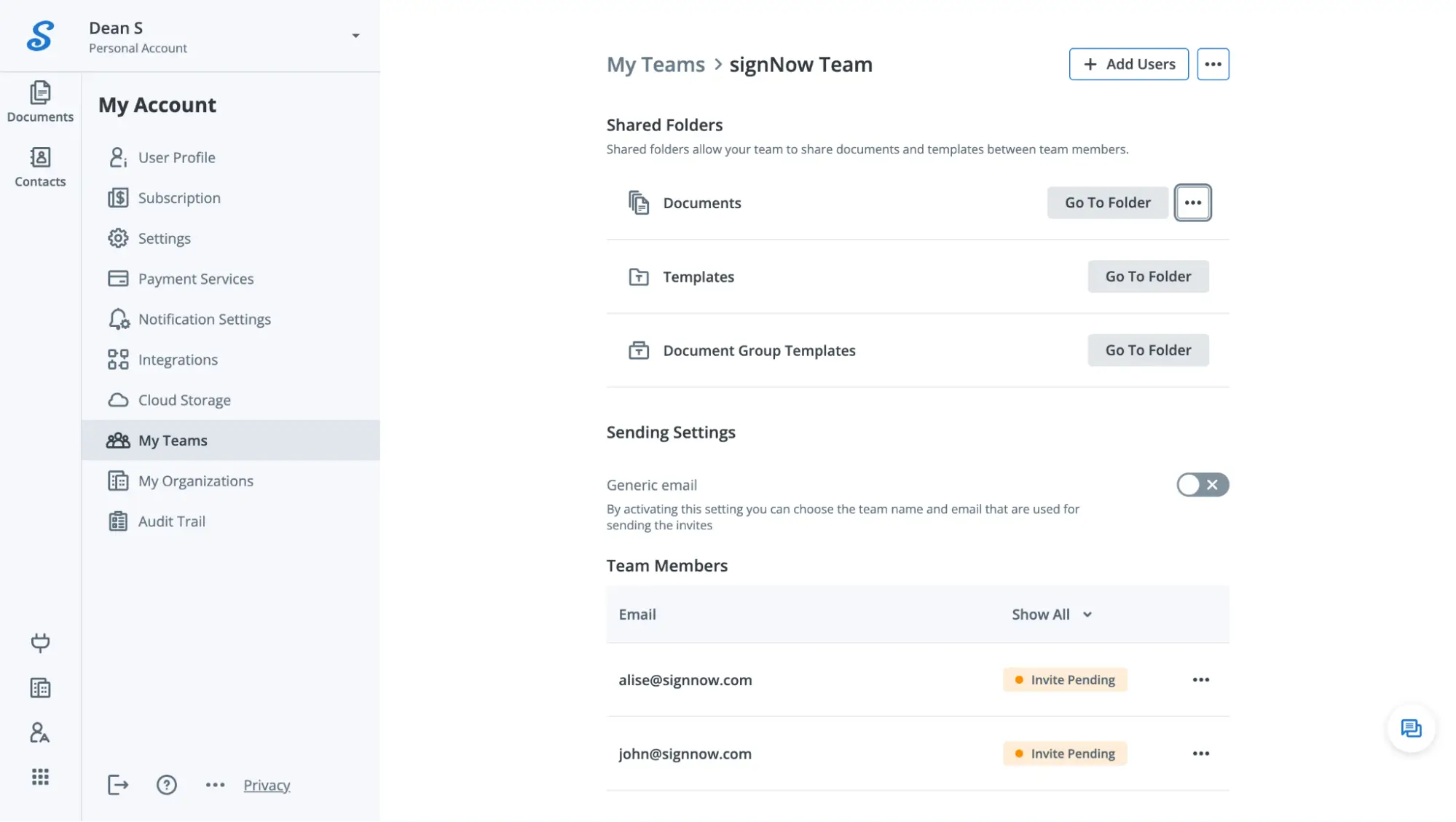 This image shows how to share access to an executive summary template with other team members in SignNow