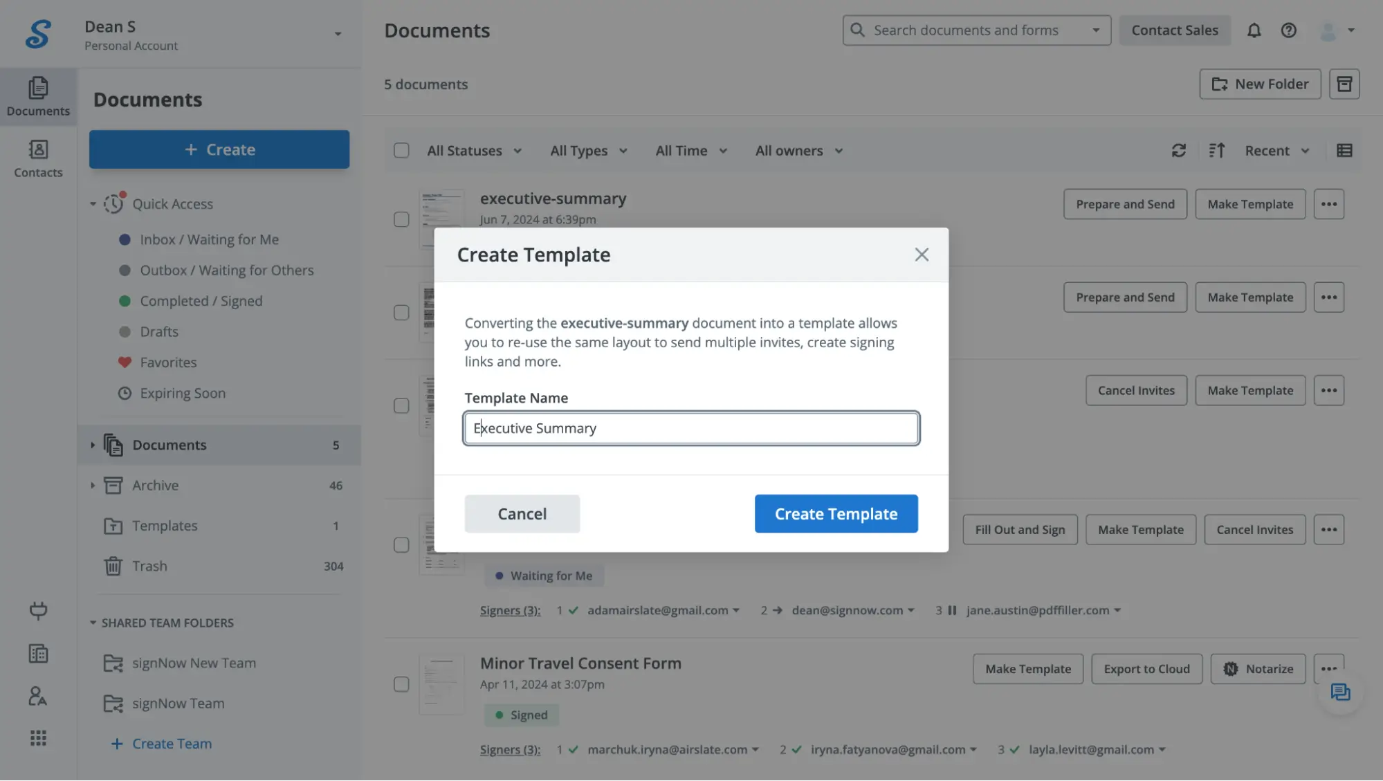 This image shows how to upload an executive summary template in SignNow