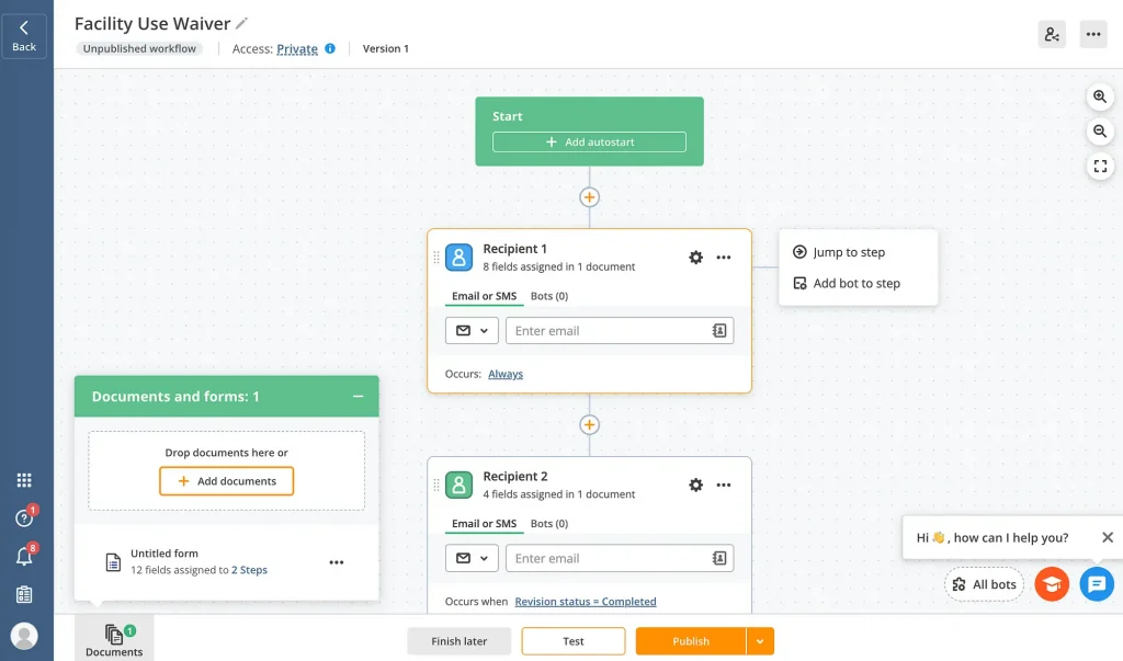 This image shows a document workflow set up using the Document Automation Hub API. 