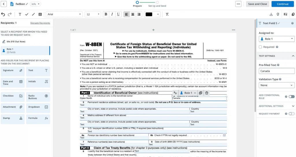 This image shows an editable W-8BEN PDF form