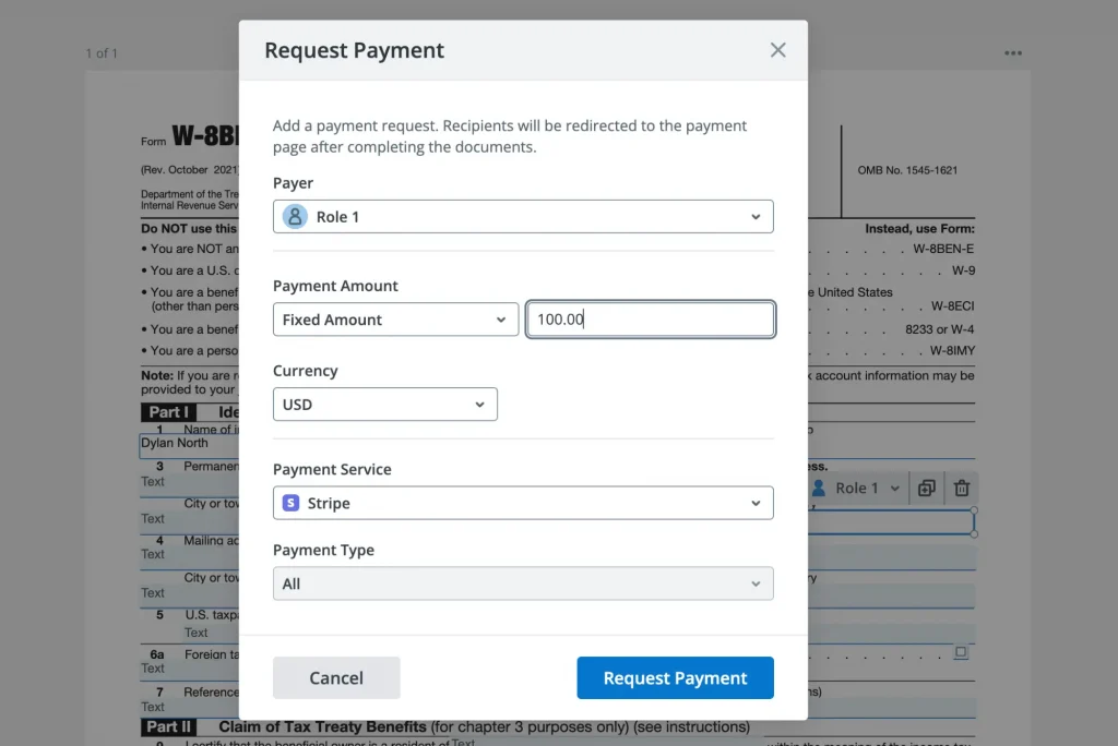 This image shows how the "Request Payment" popup works in SignNow