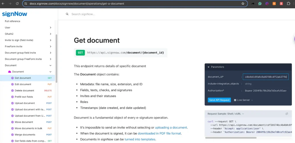 This image shows how to request details of a specific document in the SignNow API, it is necessary to enter the access token in “Authorization.” Screenshot mine.