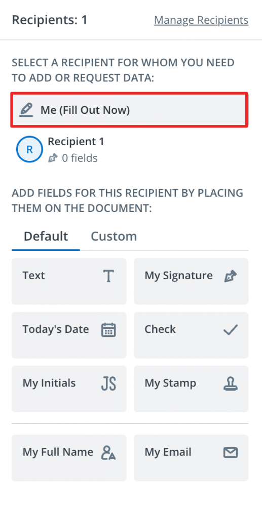 A screenshot of the SignNow editor's interface displaying a sidebar for managing recipients and adding fields to a document. The image highlights the "Me (Fill Out Now)" tab, where the active recipient can use fields such as text, signature, and date to complete the document.