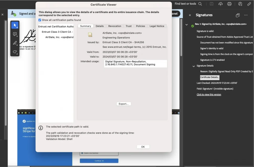 This image shows how to validate the certificate from the signer using Adobe Reader.