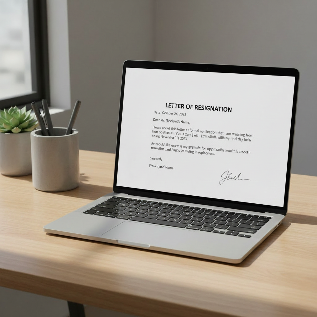 An image of a laptop on a wooden desk displaying a formal letter of resignation.