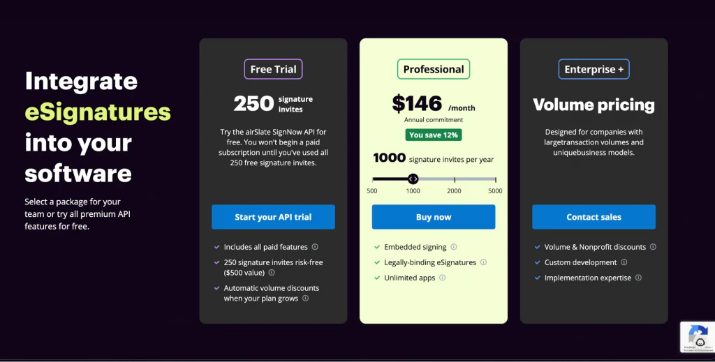 This image shows the SignNow API pricing plans