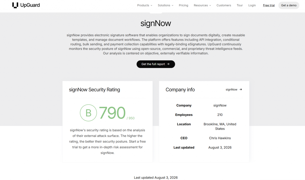 UpGuard SignNow security rating and company profile