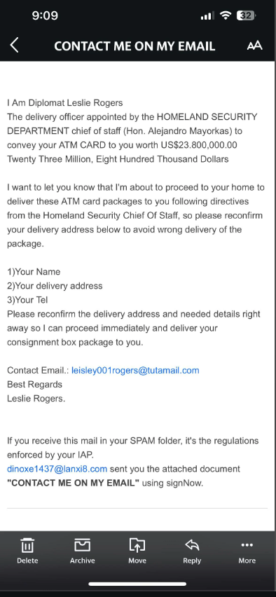 Phishing email promising a multimillion-dollar ATM card and requesting personal information.