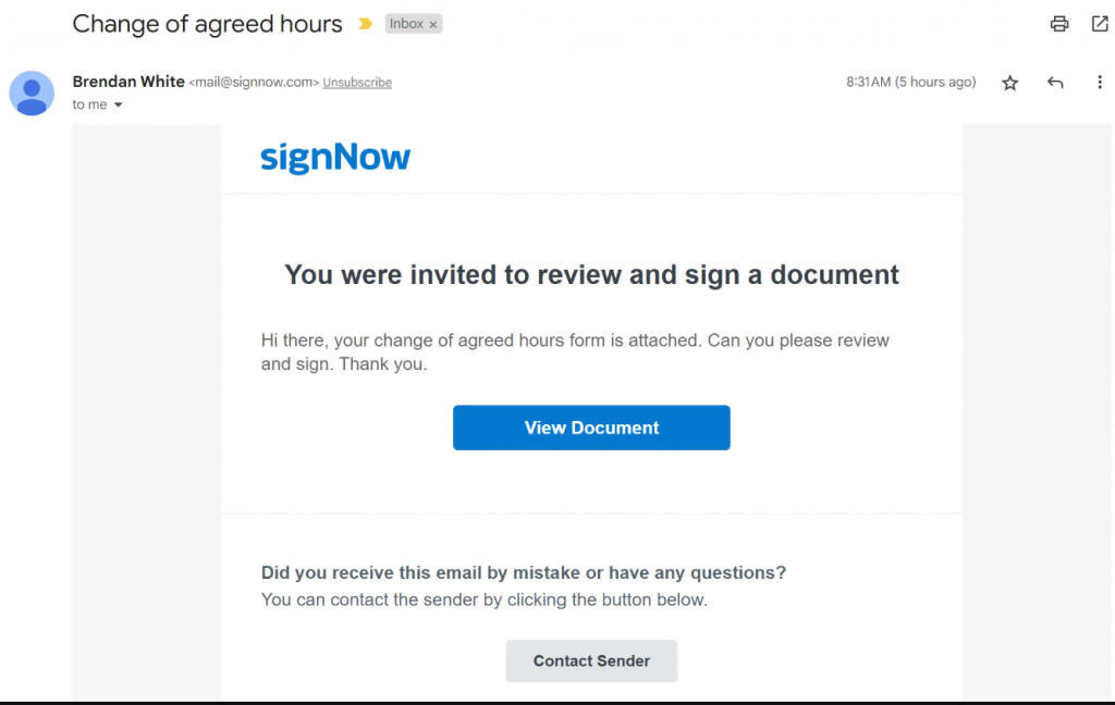 SignNow email inviting a recipient to review and sign a change-of-hours document.