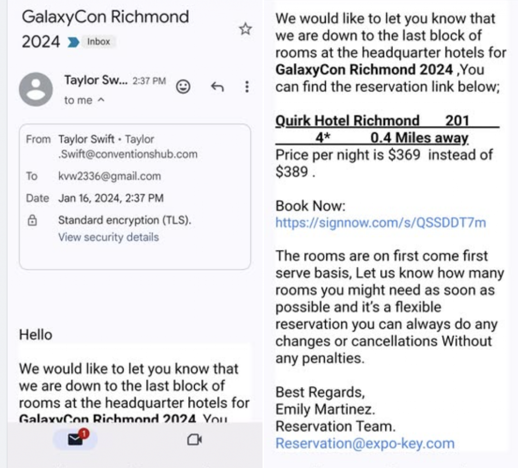 Phishing email promoting a fake conference hotel offer through a shortened SignNow link.