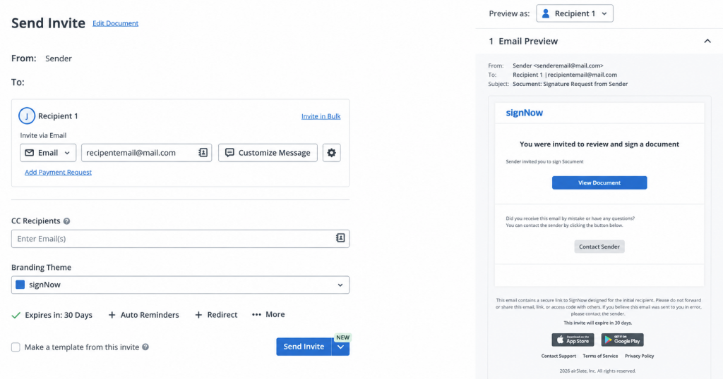 SignNow Document Editor displaying recipient settings and an Email Preview before sending.